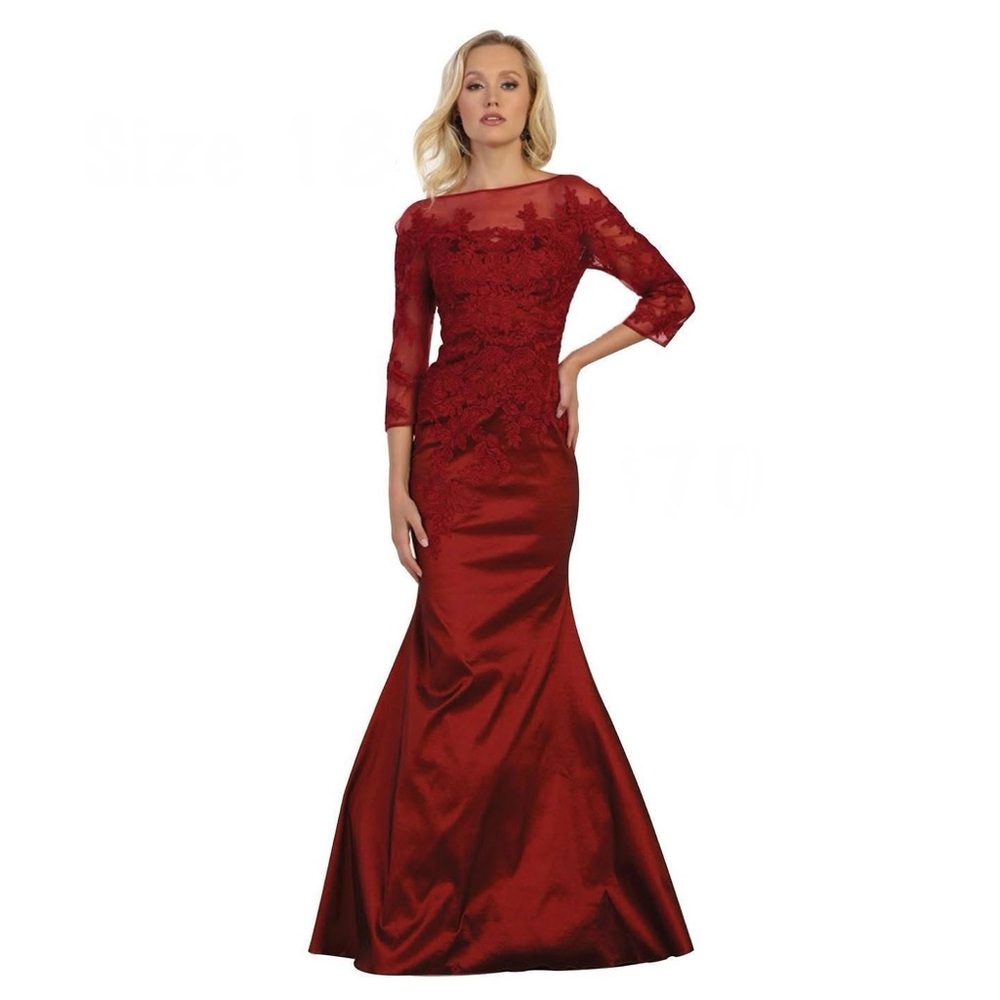 Plus Floral Embroidered Crimson Fitted Mermaid Gown